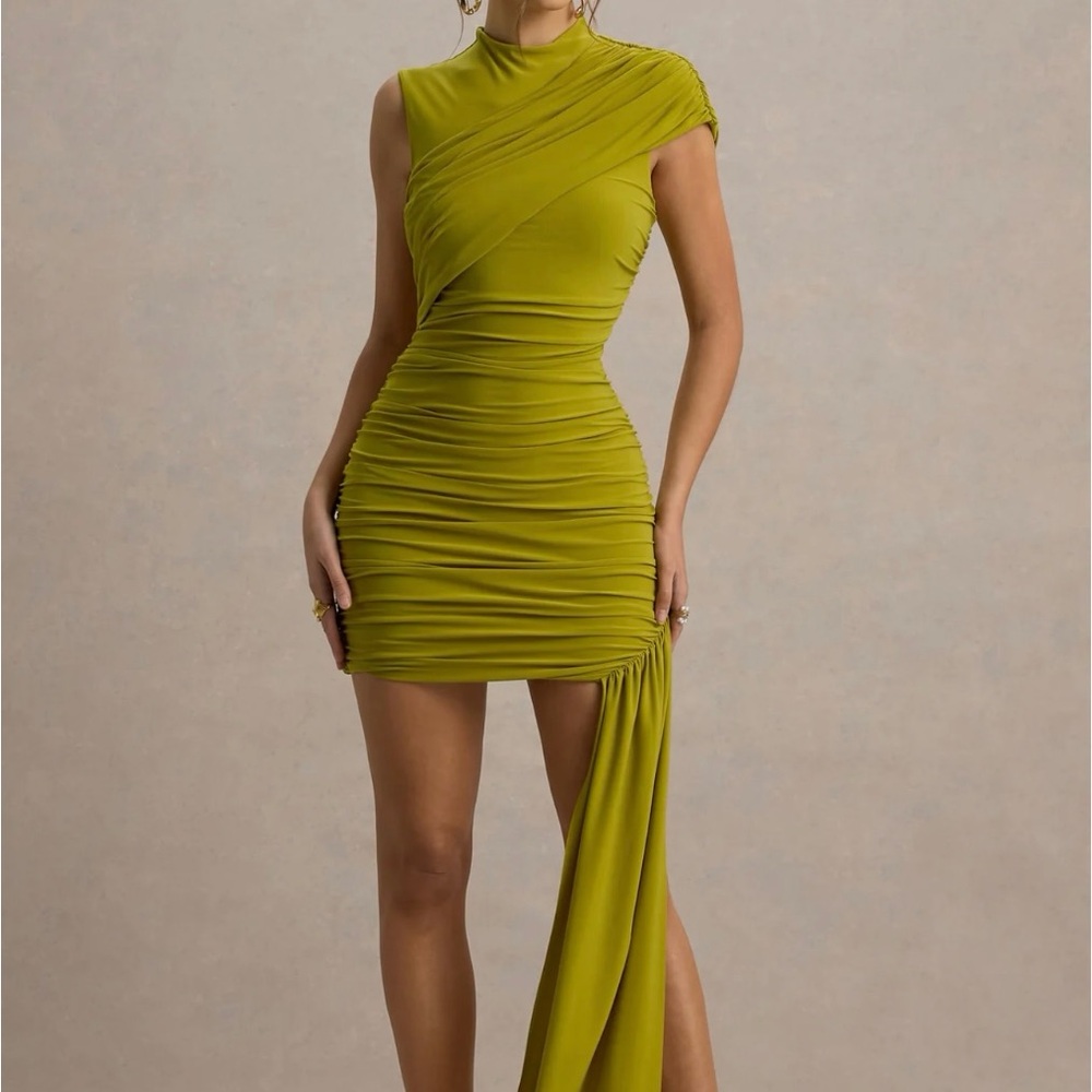 Green ruched mini dress with sash on the side